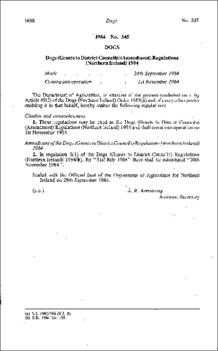 The Dogs (Grants to District Councils) (Amendment) Regulations (Northern Ireland) 1984