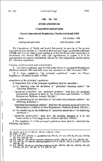 The Cheese (Amendment) Regulations (Northern Ireland) 1984