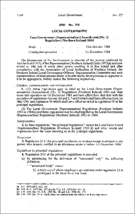 The Local Government (Superannuation) (Amendment) (No. 2) Regulations (Northern Ireland) 1984