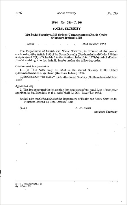 The Social Security (1980 Order) (Commencement No. 4) Order (Northern Ireland) 1984