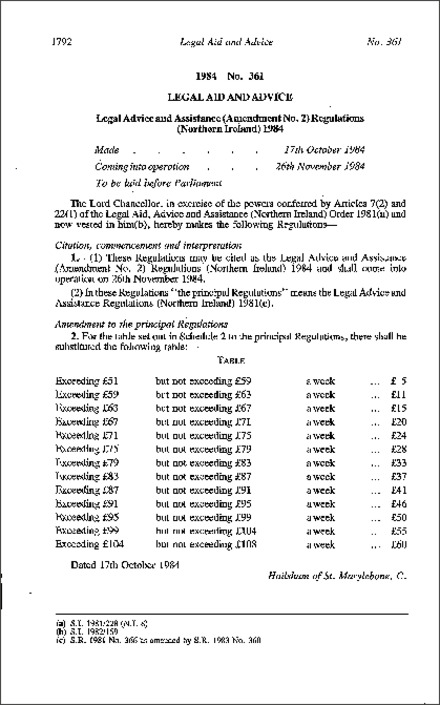 The Legal Advice and Assistance (Amendment No. 2) Regulations (Northern Ireland) 1984