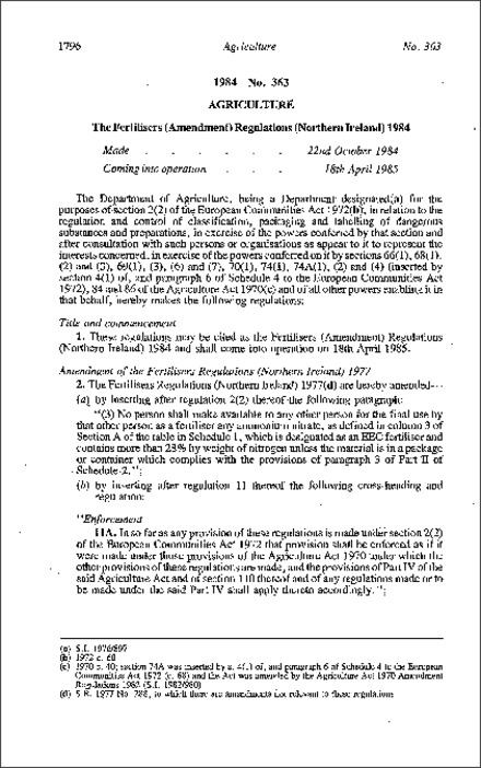 The Fertilisers (Amendment) Regulations (Northern Ireland) 1984
