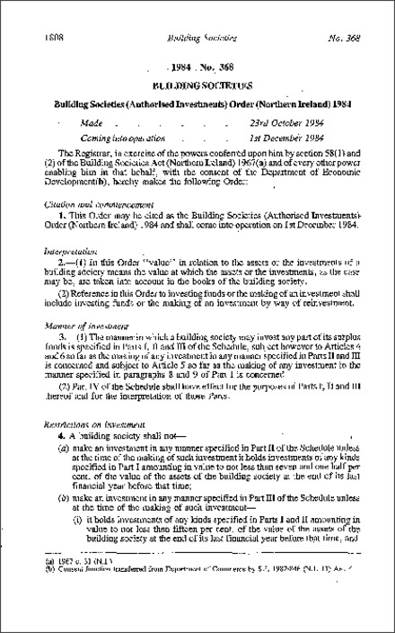 The Building Societies (Authorised Investments) Order (Northern Ireland) 1984