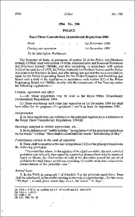 The Royal Ulster Constabulary (Amendment) Regulations (Northern Ireland) 1984