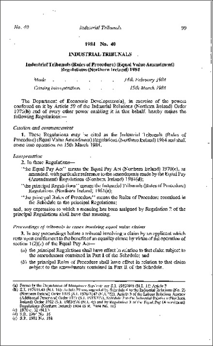 The Industrial Tribunals (Rules of Procedure) (Equal Value Amendment) Regulations (Northern Ireland) 1984