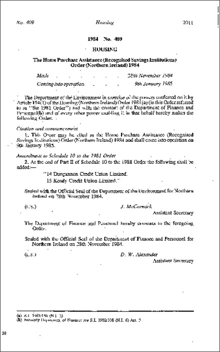 The Home Purchase Assistance (Recognised Savings Institutions) Order (Northern Ireland) 1984