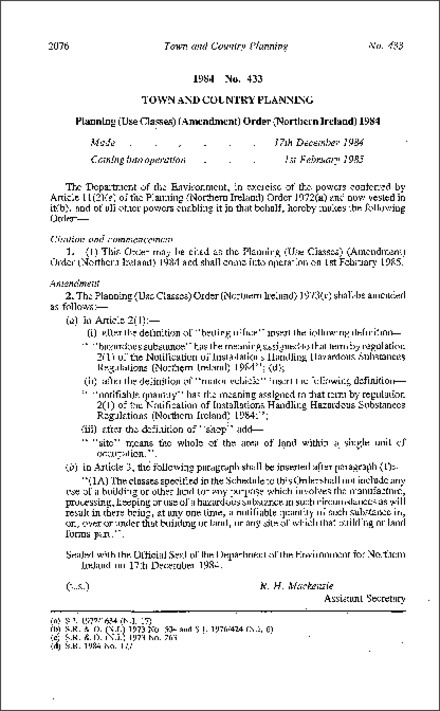 The Planning (Use Classes) (Amendment) Order (Northern Ireland) 1984
