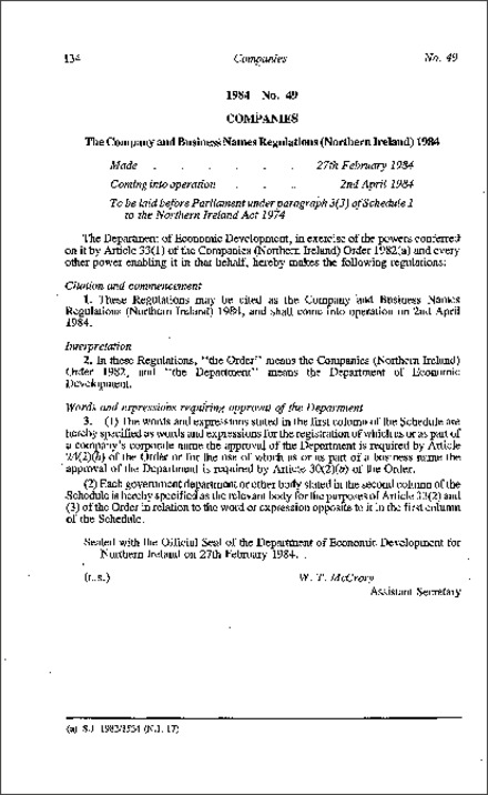 The Company and Business Names Regulations (Northern Ireland) 1984