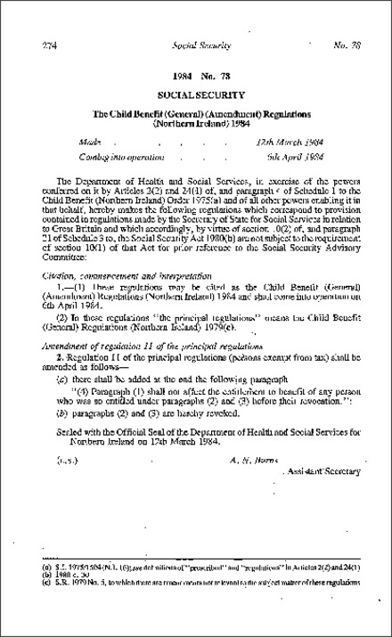 The Child Benefit (General) (Amendment) Regulations (Northern Ireland) 1984