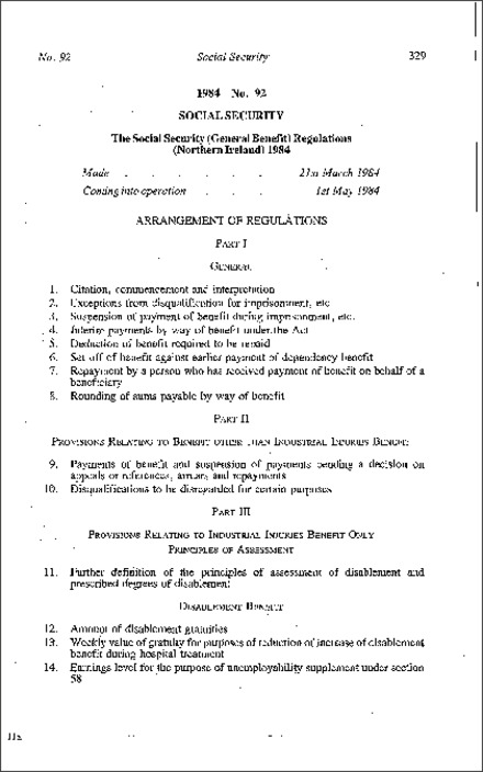 The Social Security (General Benefit) Regulations (Northern Ireland) 1984
