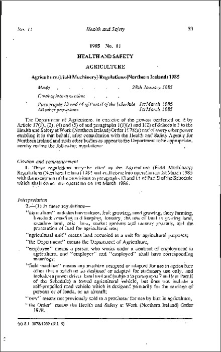 The Agriculture (Field Machinery) Regulations (Northern Ireland) 1985