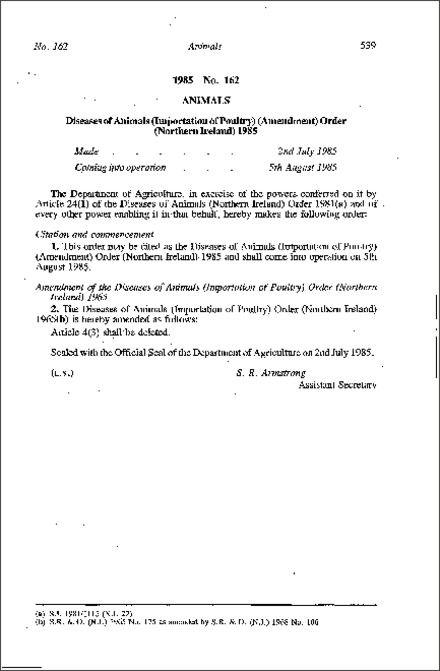 The Diseases of Animals (Importation of Poultry) (Amendment) Order (Northern Ireland) 1985