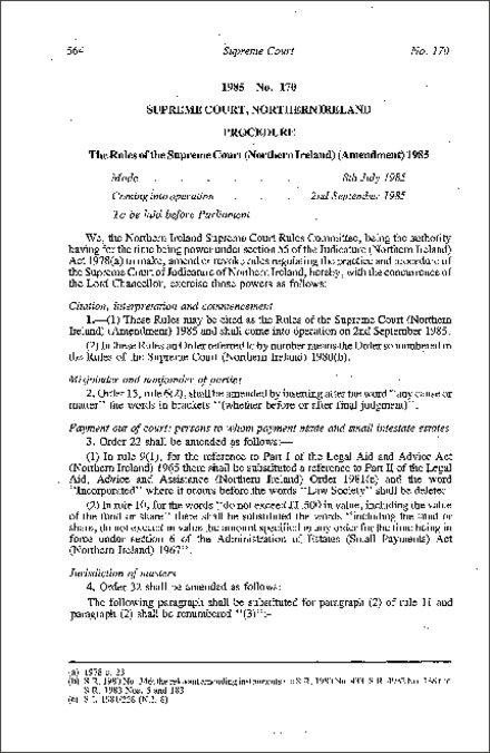 The Rules of the Supreme Court (Amendment) (Northern Ireland) 1985