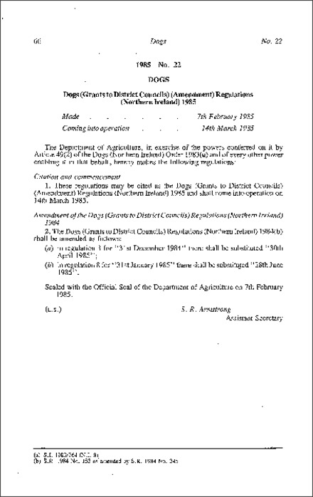 The Dogs (Grants to District Councils) (Amendment) Regulations (Northern Ireland) 1985