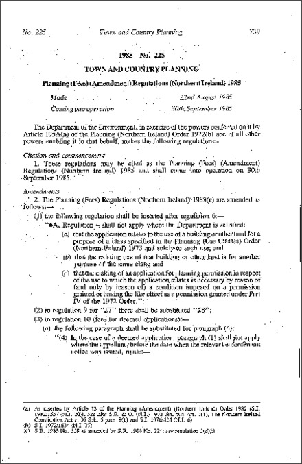 The Planning (Fees) (Amendment) Regulations (Northern Ireland) 1985
