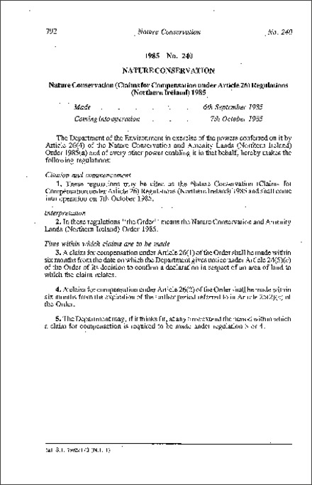 The Nature Conservation (Claims for Compensation under Article 26) Regulations (Northern Ireland) 1985