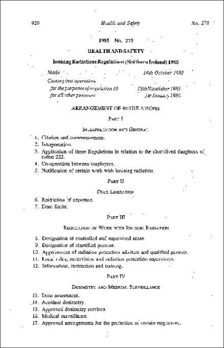 The Ionising Radiations Regulations (Northern Ireland) 1985