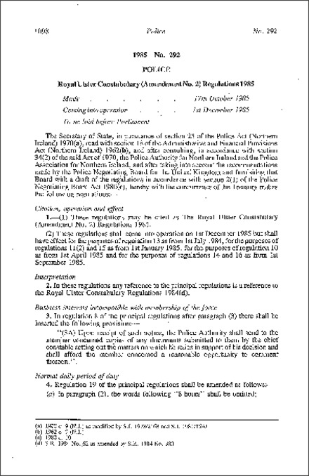 The Royal Ulster Constabulary (Amendment No. 2) Regulations (Northern Ireland) 1985