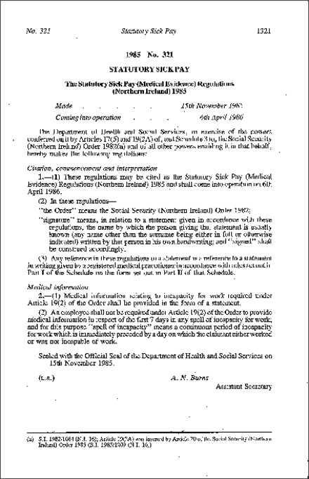 The Statutory Sick Pay (Medical Evidence) Regulations (Northern Ireland) 1985