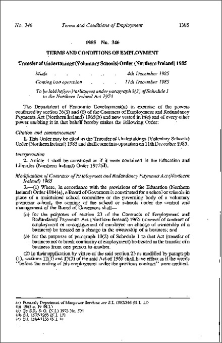 The Transfer of Undertakings (Voluntary Schools) Order (Northern Ireland) 1985