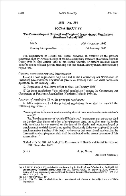 The Contracting-out (Protection of Pensions) (Amendment) Regulations (Northern Ireland) 1985