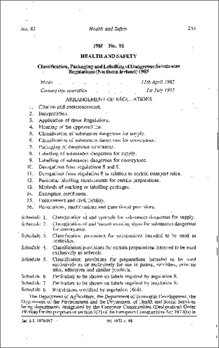 The Classification, Packaging and Labelling of Dangerous Substances Regulations (Northern Ireland) 1985