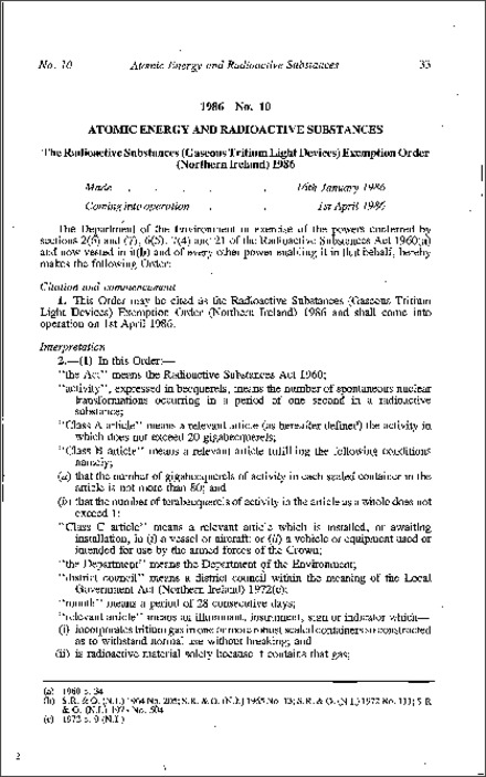 The Radioactive Substances (Gaseous Tritium Light Devices) Exemption Order (Northern Ireland) 1986