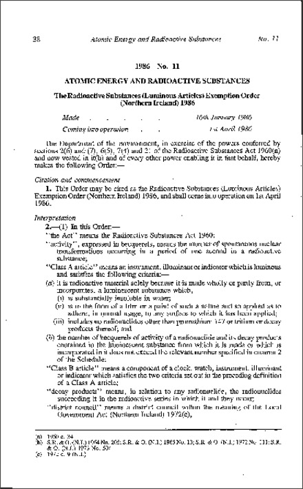 The Radioactive Substances (Luminous Articles) Exemption Order (Northern Ireland) 1986