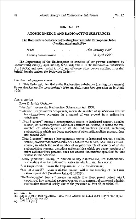 The Radioactive Substances (Testing Instruments) Exemption Order (Northern Ireland) 1986