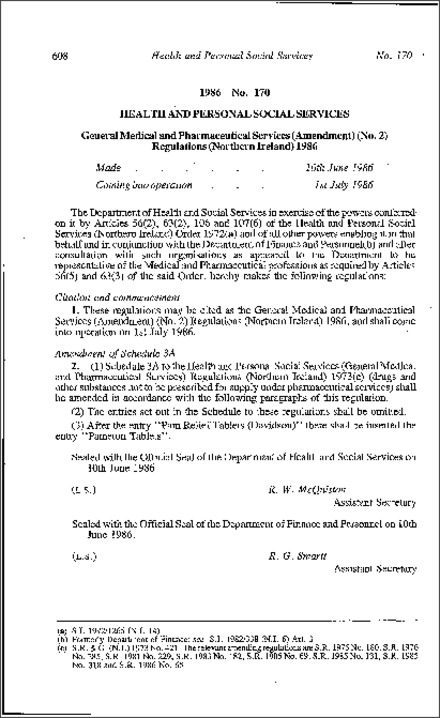 The General Medical and Pharmaceutical Services (Amendment) (No. 2) Regulations (Northern Ireland) 1986