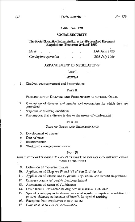 The Social Security (Industrial Injuries) (Prescribed Diseases) Regulations (Northern Ireland) 1986