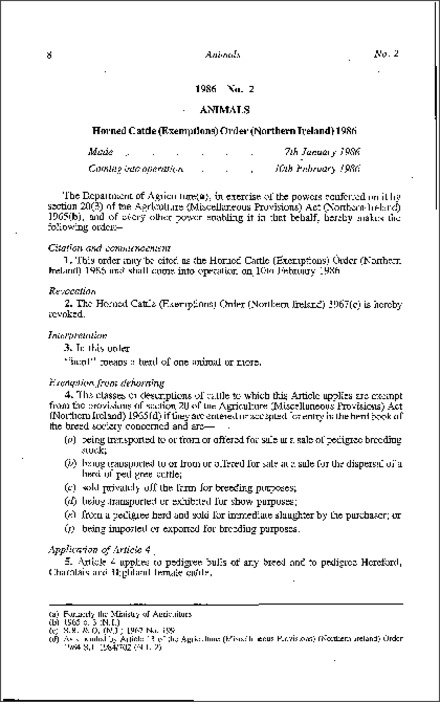 The Horned Cattle (Exemptions) Order (Northern Ireland) 1986