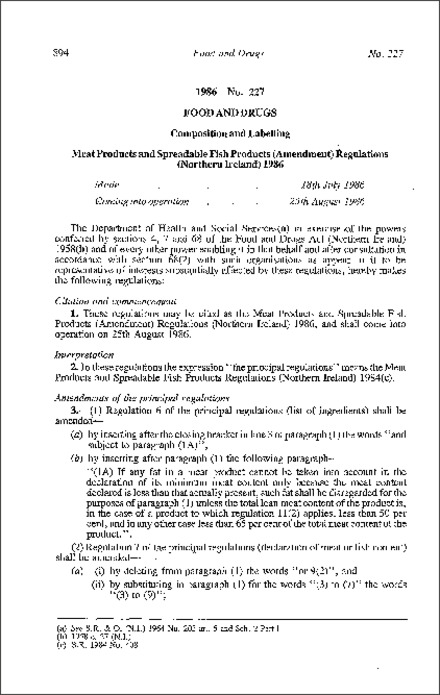 The Meat Products and Spreadable Fish Products (Amendment) Regulations (Northern Ireland) 1986