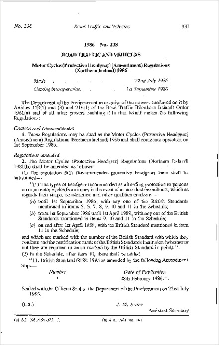 The Motor Cycles (Protective Headgear) (Amendment) Regulations (Northern Ireland) 1986
