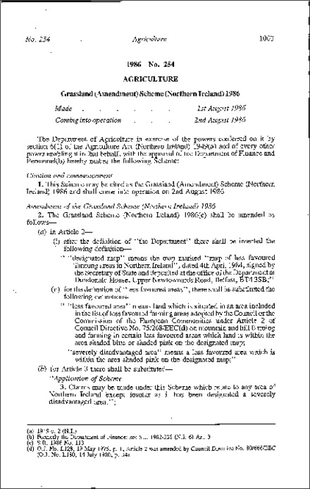 The Grassland (Amendment) Scheme (Northern Ireland) 1986