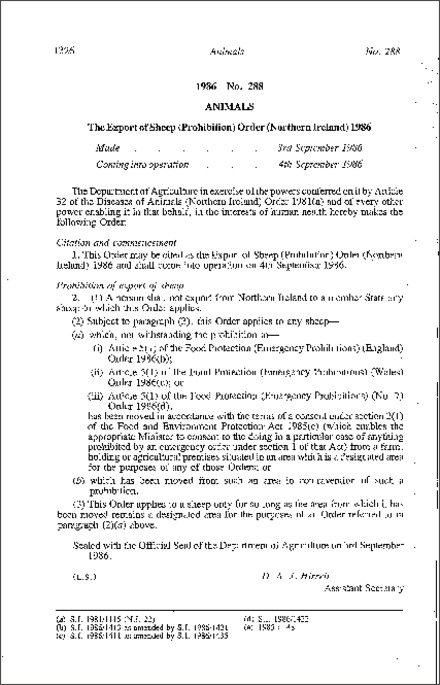 The Export of Sheet (Prohibition) Order (Northern Ireland) 1986