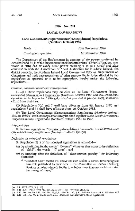 The Local Government (Superannuation) (Amendment) Regulations (Northern Ireland) 1986
