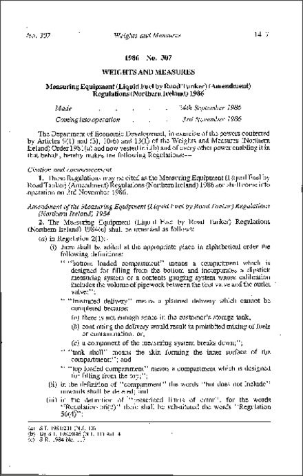 The Measuring Equipment (Liquid Fuel by Road Tanker) (Amendment) Regulations (Northern Ireland) 1986