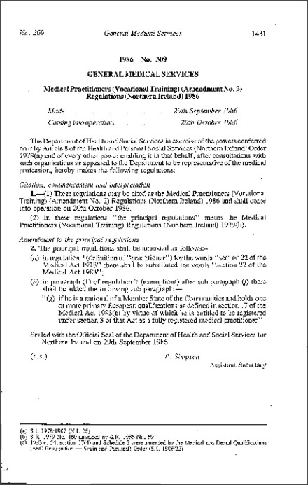 The Medical Practitioners (Vocational Training) (Amendment No. 2) Regulations (Northern Ireland) 1986