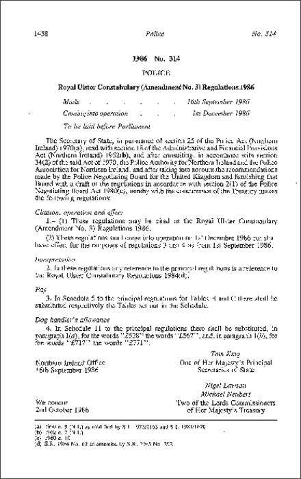 The Royal Ulster Constabulary (Amendment No. 3) Regulations (Northern Ireland) 1986