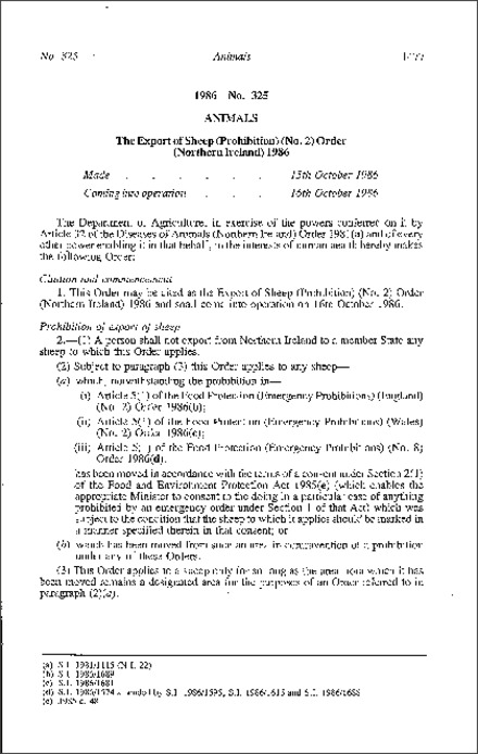 The Export of Sheep (Prohibition) (No. 2) Order (Northern Ireland) 1986