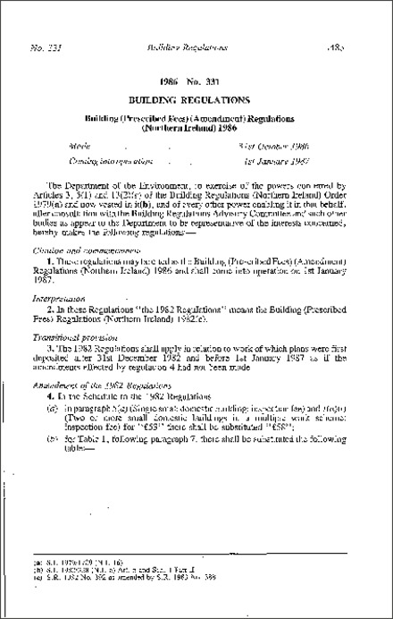 The Building (Prescribed Fees) (Amendment) Regulations (Northern Ireland) 1986