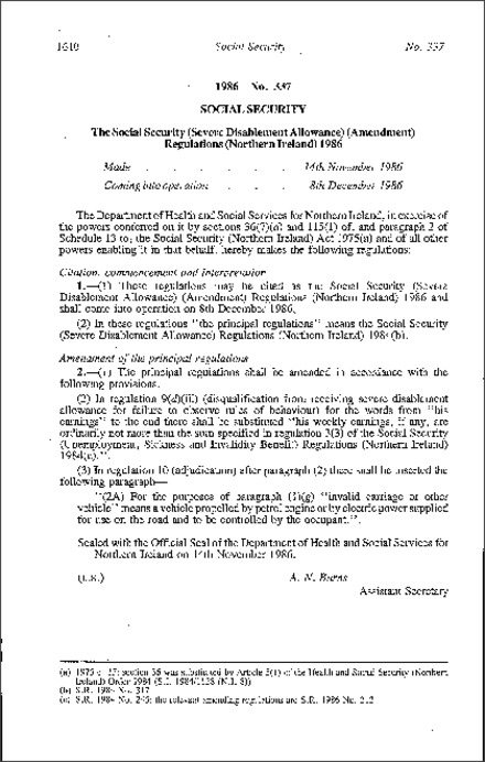 The Social Security (Severe Disablement Allowance) (Amendment) Regulations (Northern Ireland) 1986