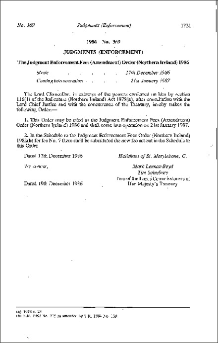 The Judgment Enforcement Fees (Amendment) Order (Northern Ireland) 1986