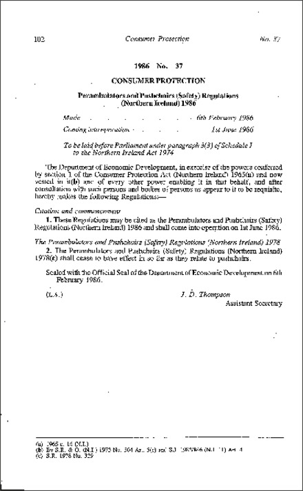 The Perambulators and Pushchairs (Safety) Regulations (Northern Ireland) 1986