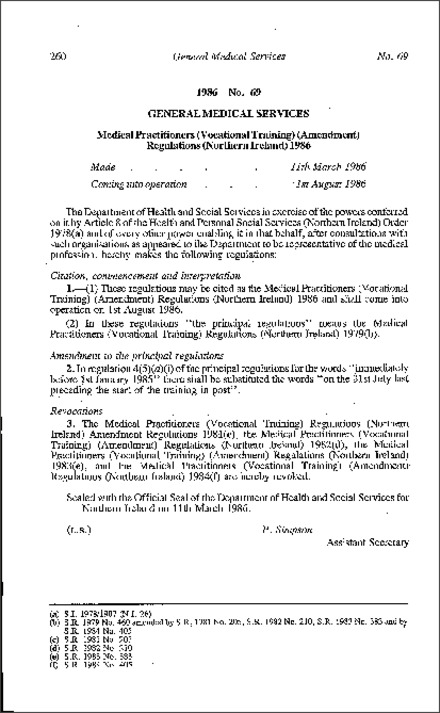 The Medical Practitioners (Vocational Training) (Amendment) Regulations (Northern Ireland) 1986