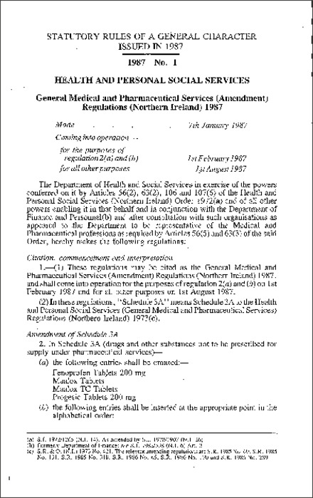 The General Medical and Pharmaceutical Services (Amendment) Regulations (Northern Ireland) 1987
