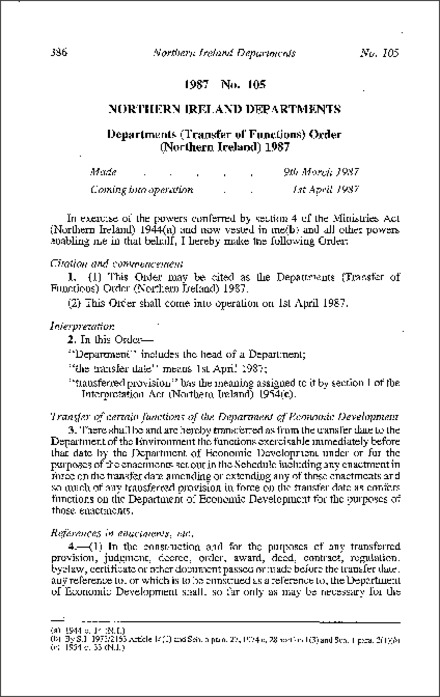 The Departments (Transfer of Functions) Order (Northern Ireland) 1987