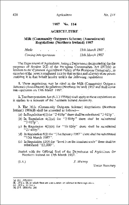 The Milk (Community Outgoers Scheme) (Amendment) Regulations (Northern Ireland) 1987