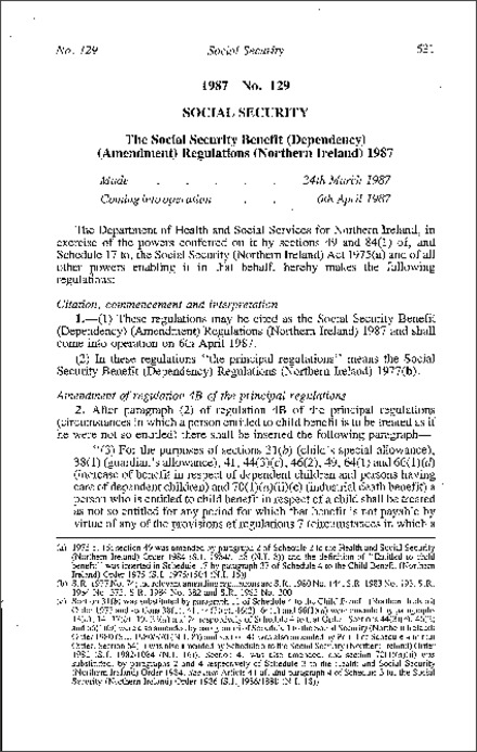 The Social Security Benefit (Dependency) (Amendment) Regulations (Northern Ireland) 1987